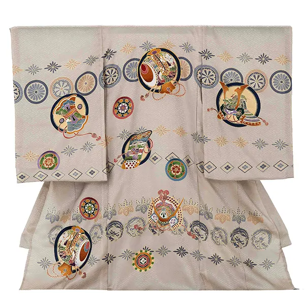 【夏用 正絹の単衣】お宮参り男の子 産着レンタル／グレー 兜　小槌  Z263