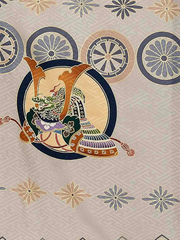 【夏用 正絹の単衣】お宮参り男の子 産着レンタル／グレー 兜　小槌  Z263