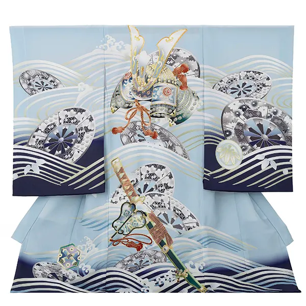 お宮参り男の子 産着レンタル／水色 兜 波に片輪車 Z264