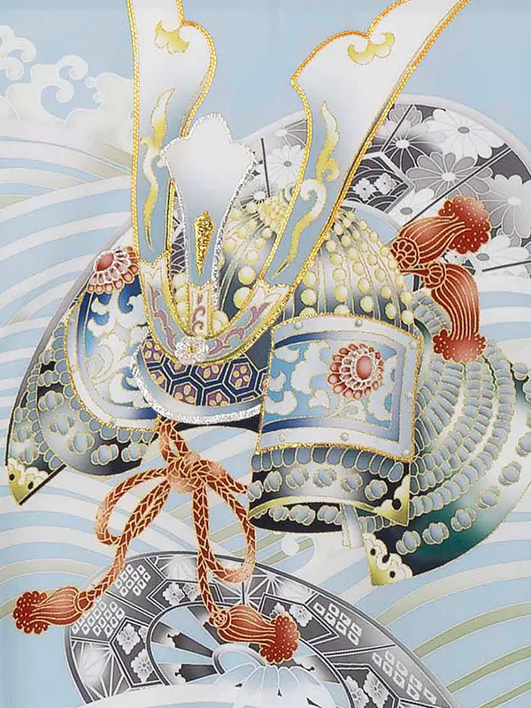 お宮参り男の子 産着レンタル／水色 兜 波に片輪車 Z264