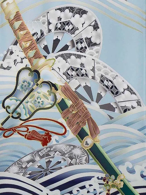 お宮参り男の子 産着レンタル／水色 兜 波に片輪車 Z264