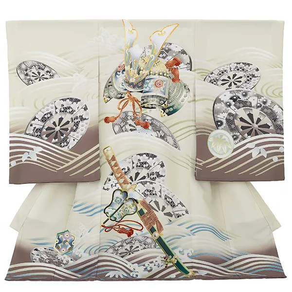 お宮参り男の子 産着レンタル／ベージュ 兜 波に片輪車 Z267