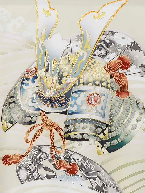 お宮参り男の子 産着レンタル／ベージュ 兜 波に片輪車 Z267