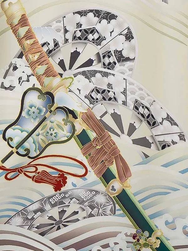 お宮参り男の子 産着レンタル／ベージュ 兜 波に片輪車 Z267