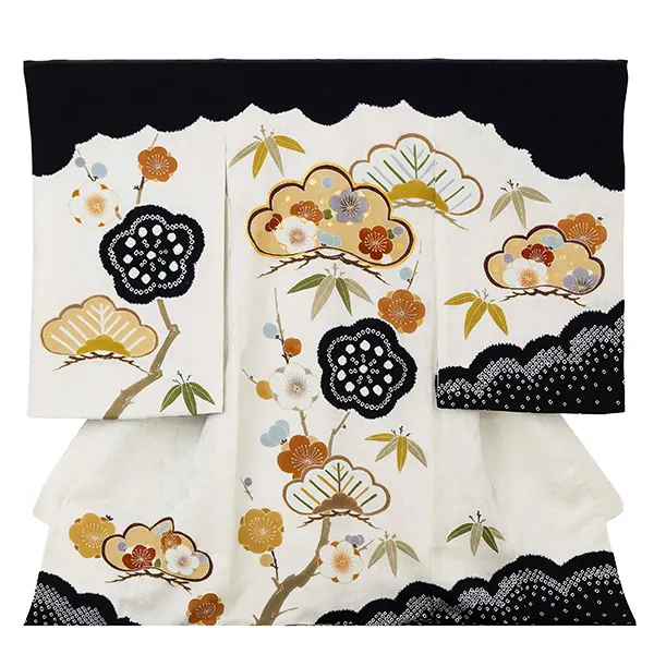 【正絹】お宮参り男の子 産着レンタル／白黒 松竹梅 Z268