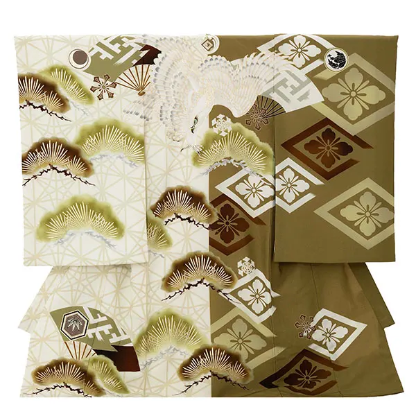 お宮参り男の子 産着レンタル／ジャパンスタイル ベージュ×カーキ 鷹 Z273