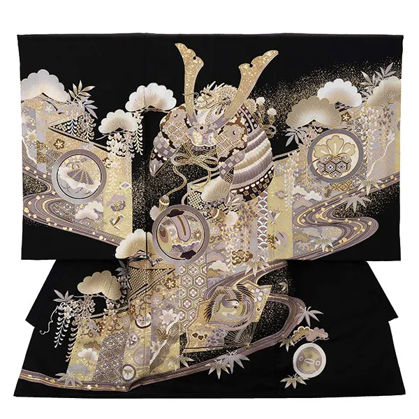 【正絹】お宮参り男の子 産着レンタル／黒 金彩兜 宝尽くし Z275