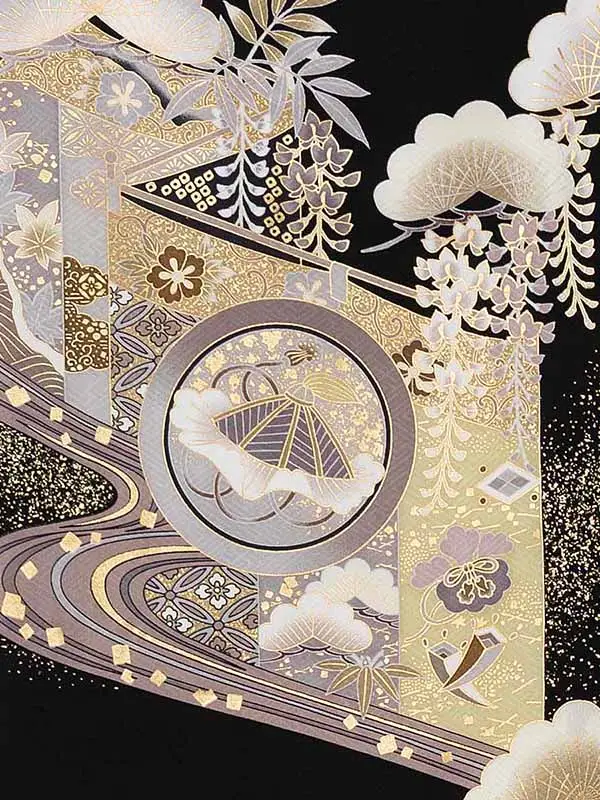 【正絹】お宮参り男の子 産着レンタル／黒 金彩兜 宝尽くし Z275