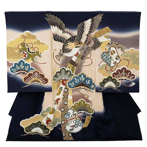 【正絹】お宮参り男の子 産着レンタル／紺 鷹に束ね熨斗 Z276