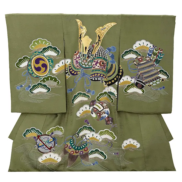 【正絹】お宮参り男の子 産着レンタル／緑 　兜 Z277