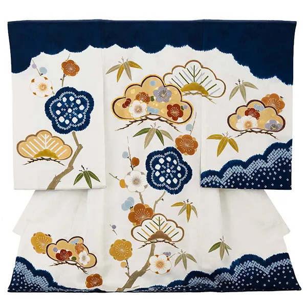 【正絹】お宮参り男の子 産着レンタル／白紺 松竹梅 Z278