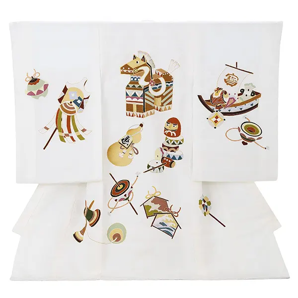 【正絹】お宮参り男の子 産着レンタル／白 馬 独楽にけん玉 Z279