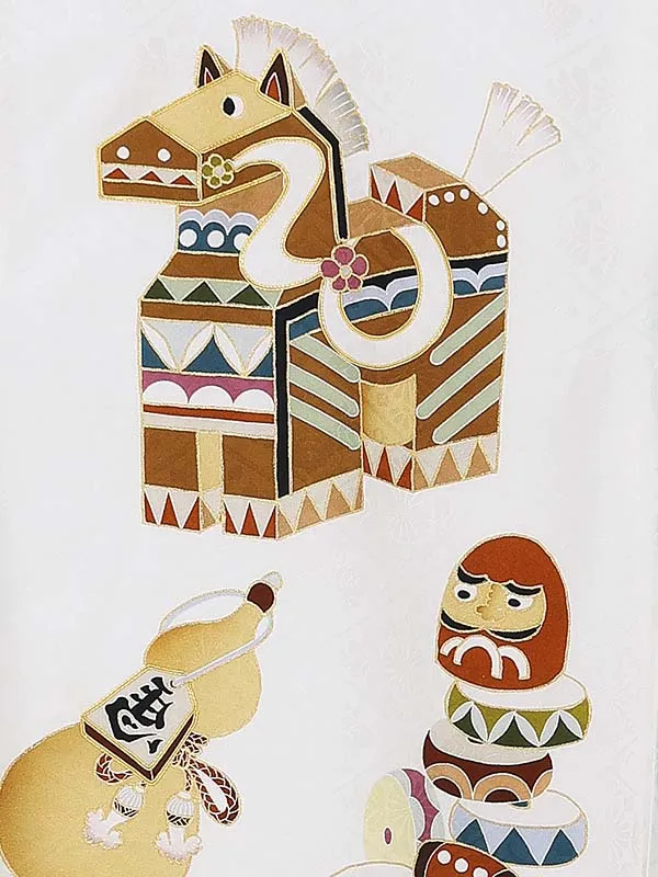 【正絹】お宮参り男の子 産着レンタル／白 馬 独楽にけん玉 Z279