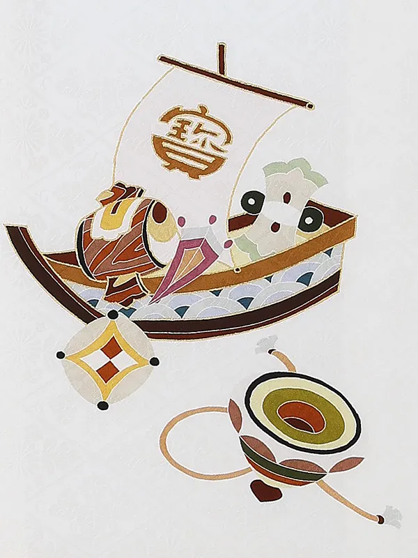 【正絹】お宮参り男の子 産着レンタル／白 馬 独楽にけん玉 Z279