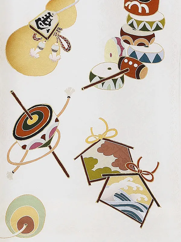 【正絹】お宮参り男の子 産着レンタル／白 馬 独楽にけん玉 Z279