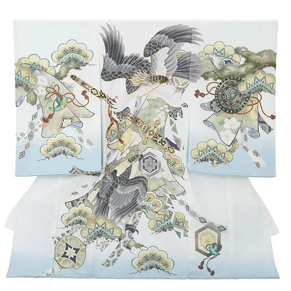 お宮参り男の子 産着レンタル／白×水色 鷹に三種の神器 Z281