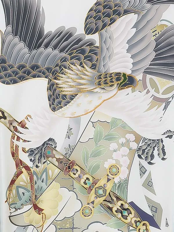 お宮参り男の子 産着レンタル／白×水色 鷹に三種の神器 Z281