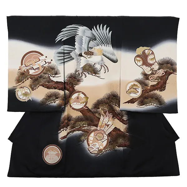 【正絹】お宮参り男の子 産着レンタル／黒 松に鷹 Z282