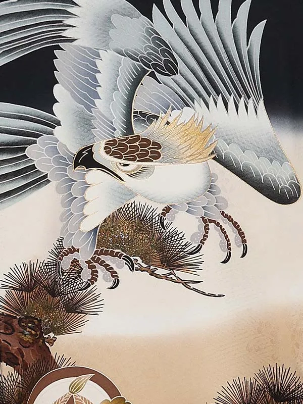 【正絹】お宮参り男の子 産着レンタル／黒 松に鷹 Z282