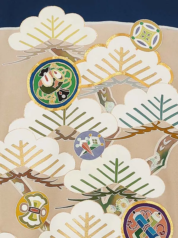 【正絹】お宮参り男の子 産着レンタル／紺 金彩手描き 松に宝尽くし Z283