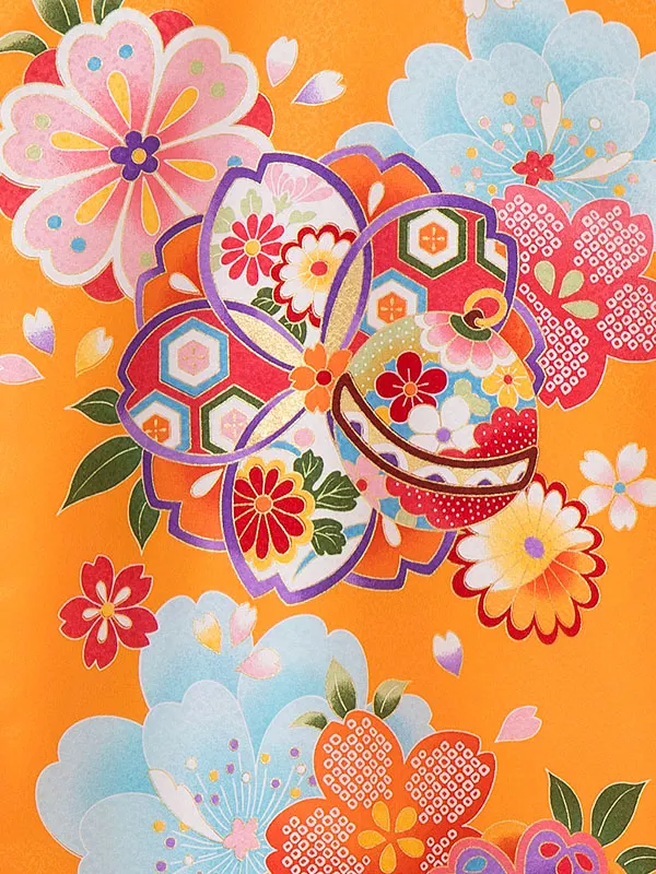 【夏用 単衣】お宮参り女の子 産着レンタル／オレンジ 桜鈴 Z222