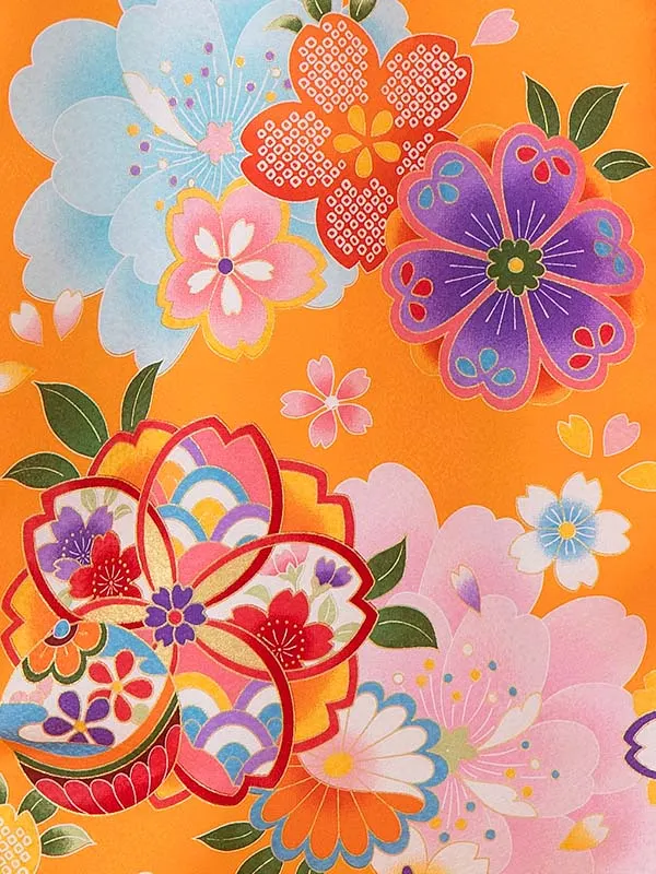 【夏用 単衣】お宮参り女の子 産着レンタル／オレンジ 桜鈴 Z222