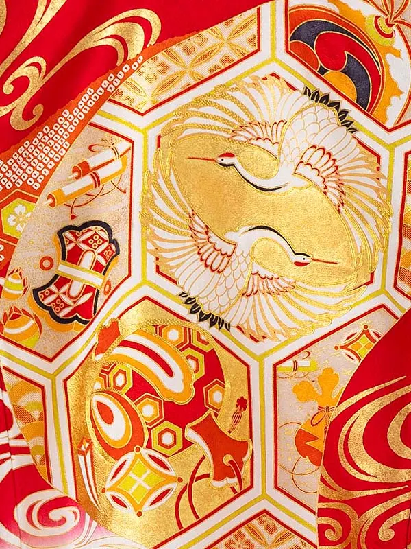 【正絹】お宮参り女の子 産着レンタル／赤 亀甲流水 Z239