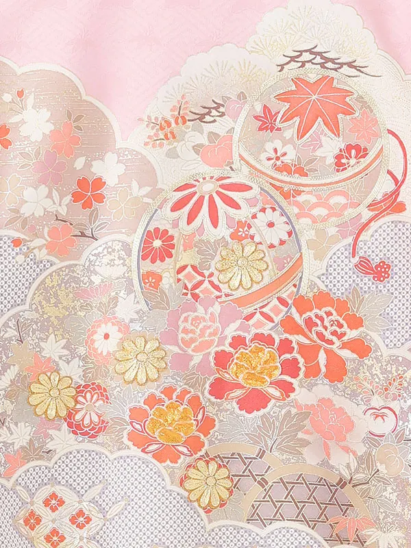 【正絹】お宮参り女の子 産着レンタル／ピンク 銀彩まり 四季花雲取り Z258