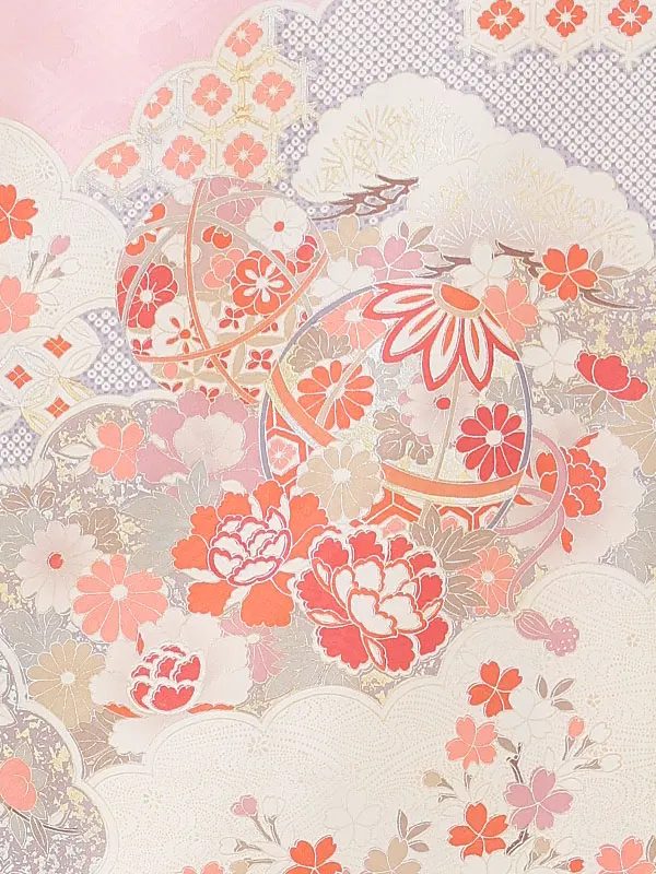 【正絹】お宮参り女の子 産着レンタル／ピンク 銀彩まり 四季花雲取り Z258