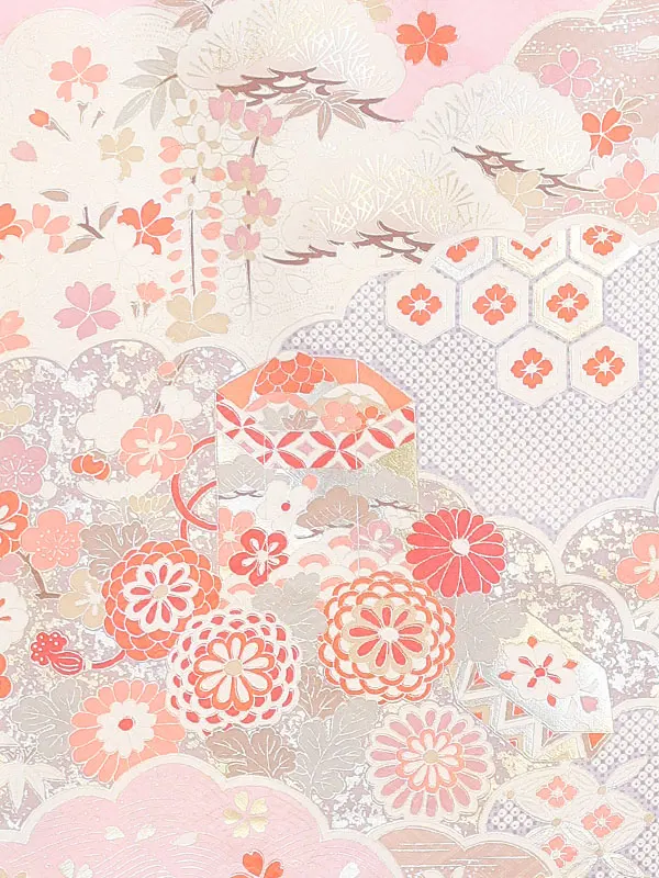 【正絹】お宮参り女の子 産着レンタル／ピンク 銀彩まり 四季花雲取り Z258