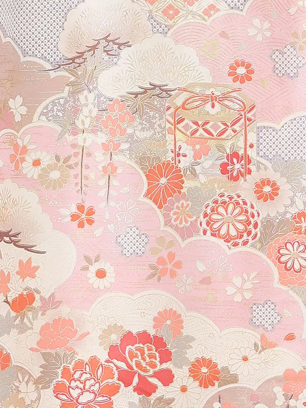 【正絹】お宮参り女の子 産着レンタル／ピンク 銀彩まり 四季花雲取り Z258