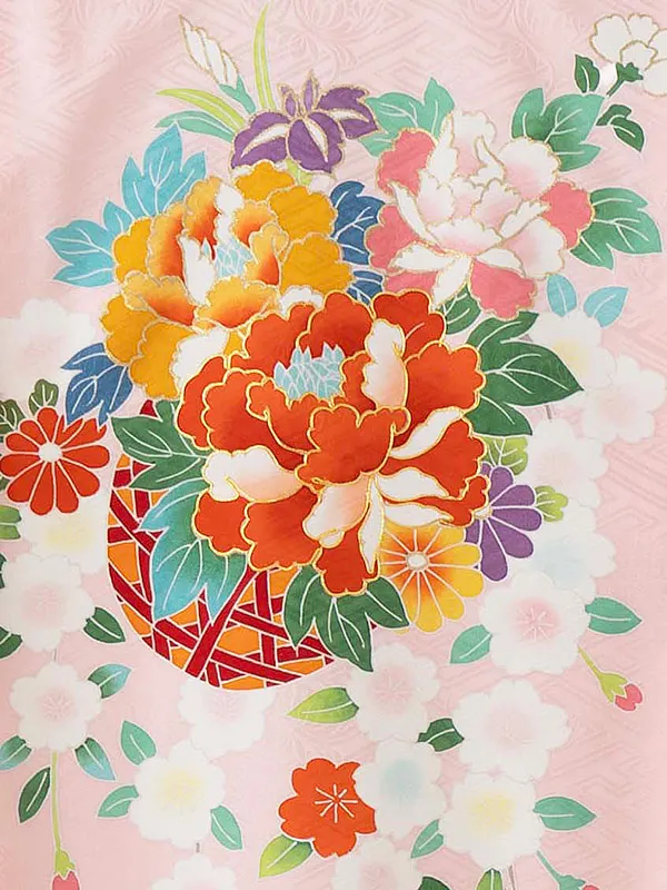 【正絹】お宮参り女の子 産着レンタル／薄ピンク 牡丹椿花籠 Z261