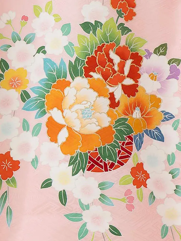 【正絹】お宮参り女の子 産着レンタル／薄ピンク 牡丹椿花籠 Z261