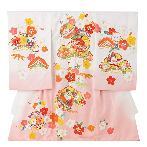 【正絹】お宮参り女の子 産着レンタル／白ピンク 鈴に四季花 Z262