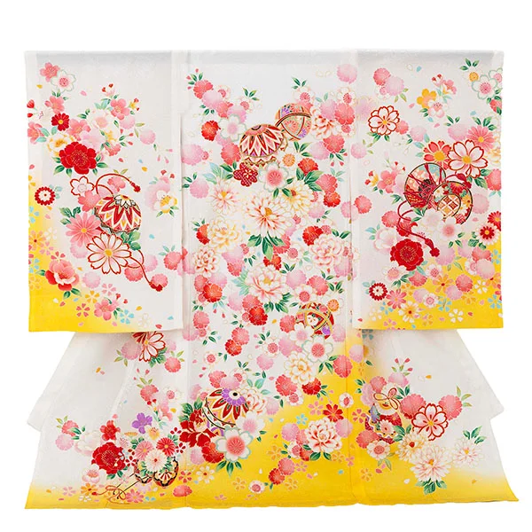 【夏用 正絹の単衣】お宮参り女の子 産着レンタル／白 鞠に四季花  Z265