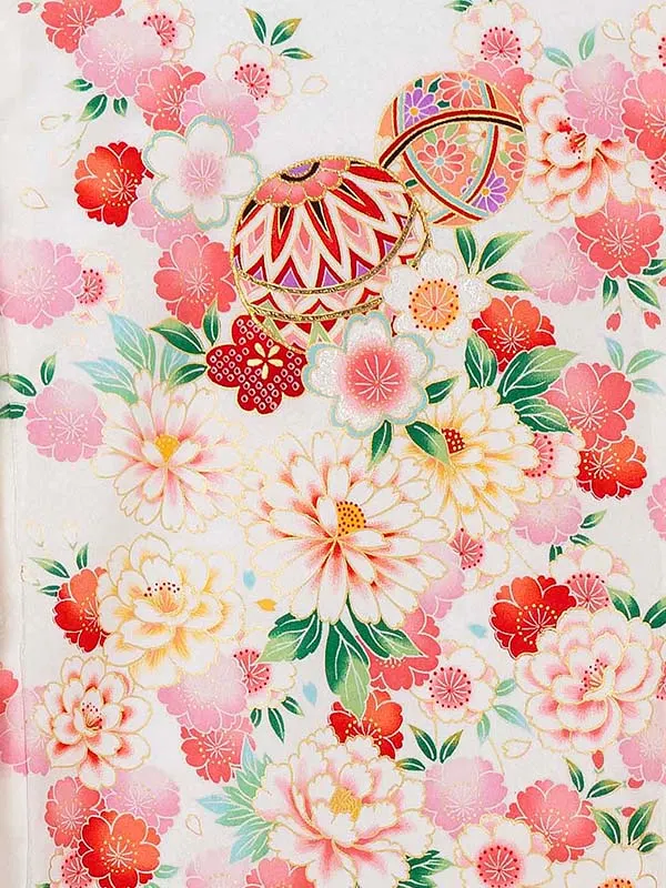【夏用 正絹の単衣】お宮参り女の子 産着レンタル／白 鞠に四季花  Z265