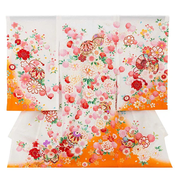 【夏用 正絹の単衣】お宮参り女の子 産着レンタル／白 鞠に四季花  Z266