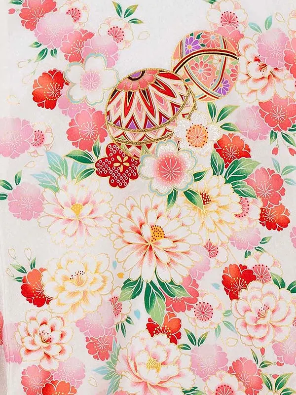 【夏用 正絹の単衣】お宮参り女の子 産着レンタル／白 鞠に四季花  Z266