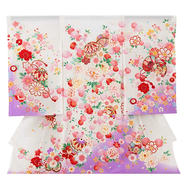 【夏用 正絹の単衣】お宮参り女の子 産着レンタル／白 鞠に四季花  Z267