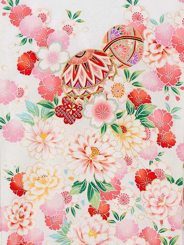 【夏用 正絹の単衣】お宮参り女の子 産着レンタル／白 鞠に四季花  Z267