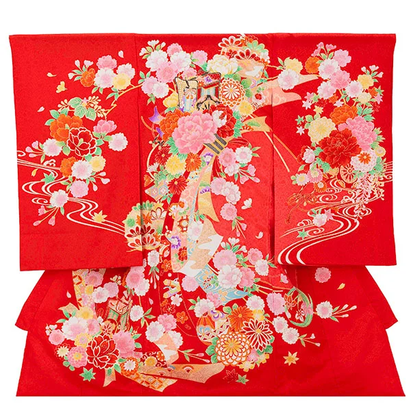 【正絹】お宮参り女の子 産着レンタル／赤 華熨斗に御所車 Z268