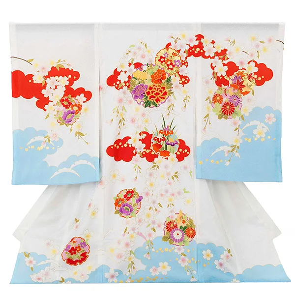 【夏用 正絹の単衣】お宮参り女の子 産着レンタル／白×水色 四季花 Z269