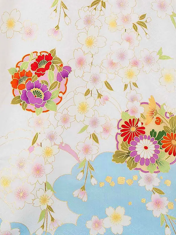 【夏用 正絹の単衣】お宮参り女の子 産着レンタル／白×水色 四季花 Z269