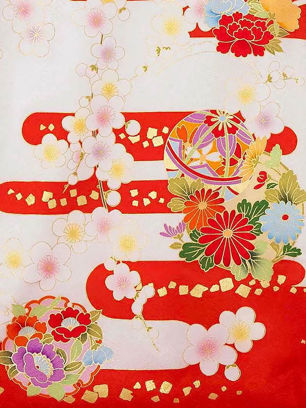 【夏用 正絹の単衣】お宮参り女の子 産着レンタル／白×赤 四季花  Z270