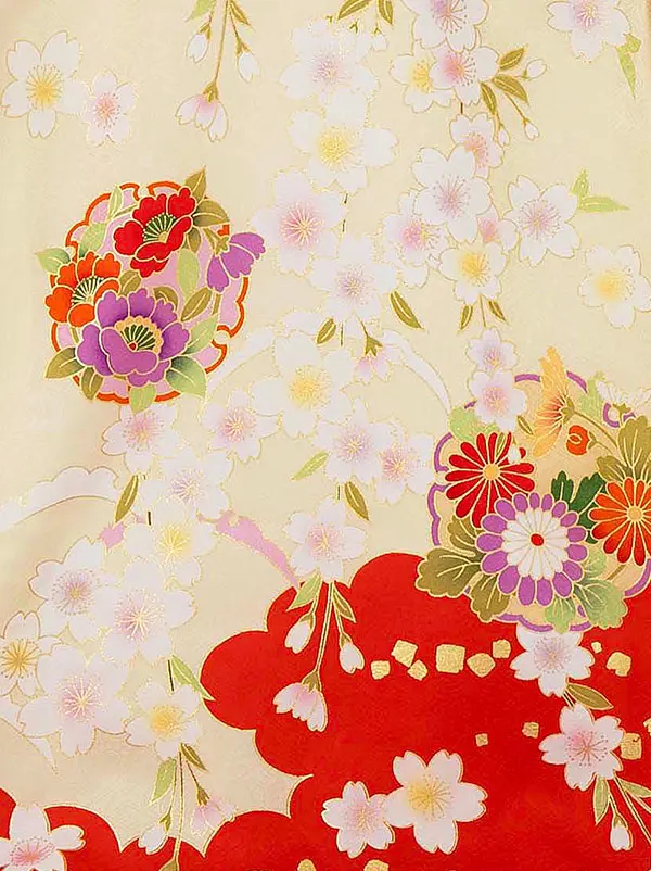 【夏用 正絹の単衣】お宮参り女の子 産着レンタル／黄色×赤 四季花 Z271