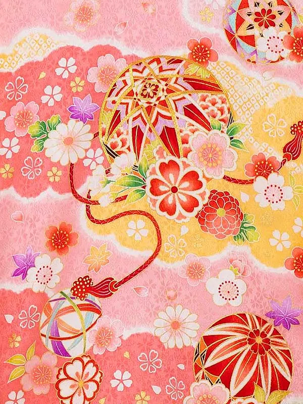 【正絹】お宮参り女の子 産着レンタル／ピンク 雲取り まりに四季花 Z272