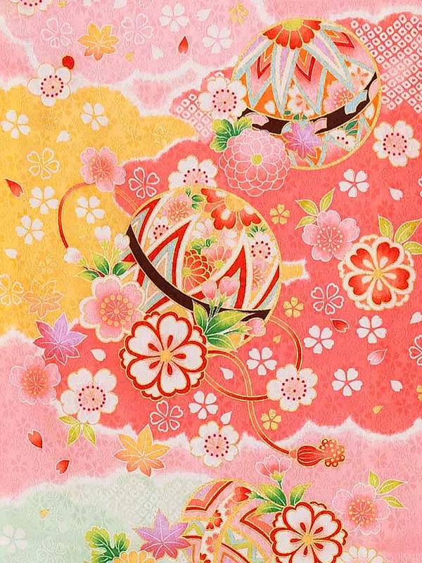 【正絹】お宮参り女の子 産着レンタル／ピンク 雲取り まりに四季花 Z272