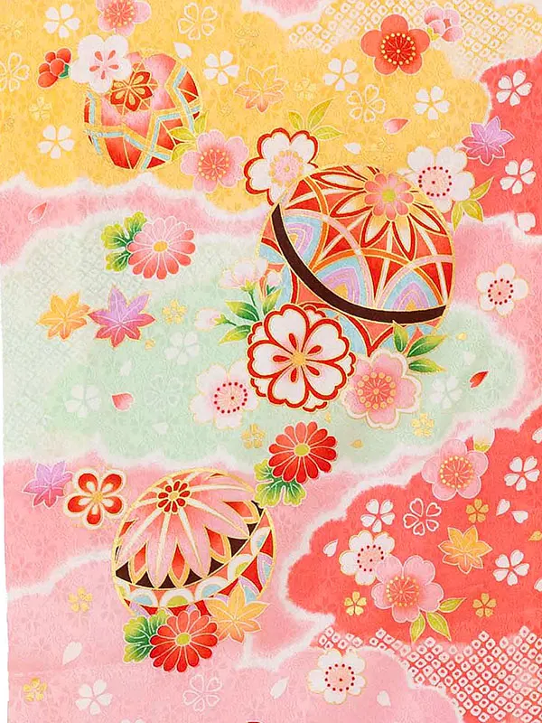 【正絹】お宮参り女の子 産着レンタル／ピンク 雲取り まりに四季花 Z272