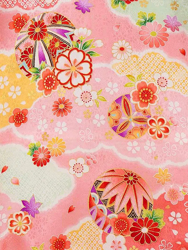 【正絹】お宮参り女の子 産着レンタル／ピンク 雲取り まりに四季花 Z272