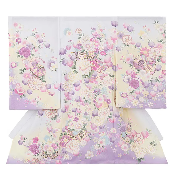 【夏用 単衣】お宮参り女の子 産着レンタル／薄紫 花車 牡丹桜梅 Z273